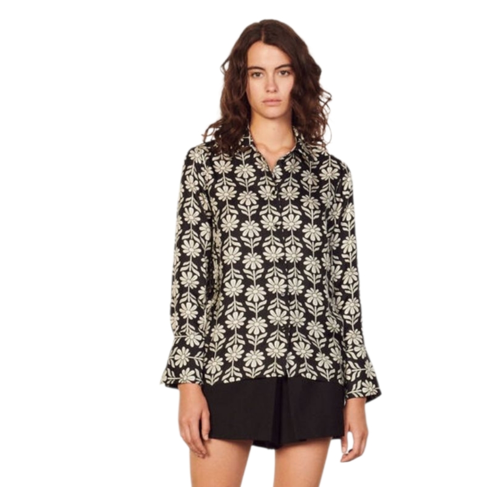 Sandro Harriet Silk Button-down Blouse in Black w Cream Floral Print size 0